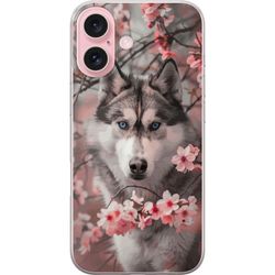 Kompatibelt Mobildeksel til Apple iPhone 16 Sibirsk Husky plakat hund blå øyne kirsebærblomster ulv natur dyr blomster søt retro design