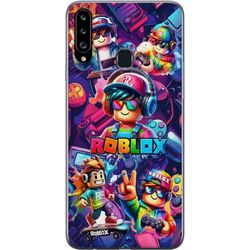 Kompatibel Mobilcover til Samsung Galaxy A20s Farverig Roblox gaming gruppe med hovedtelefoner og neonfarver til børn og spilinteresserede