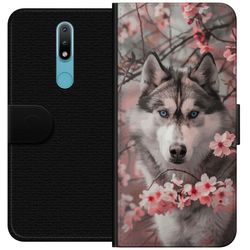 Kompatibelt Lommeboketui til Nokia 2.4 Sibirsk Husky plakat hund blå øyne kirsebærblomster ulv natur dyr blomster søt retro design