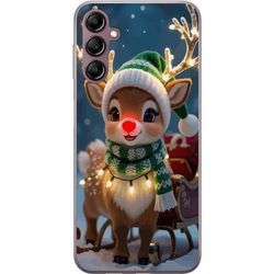 Kompatibelt Mobildeksel til Samsung Galaxy A14 5G Julete reinsdyr med lysende horn, rød nese og strikket grønn lue står foran en slede i et snødekt m