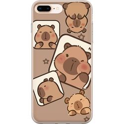 Kompatibelt Mobildeksel til Apple iPhone 8 Plus Capybara Ramme Venner Lekfullt design med små capybarer i ruter med stjerner og beige bakgrunn.