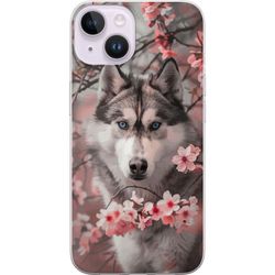 Kompatibelt Mobildeksel til Apple iPhone 14 Sibirsk Husky plakat hund blå øyne kirsebærblomster ulv natur dyr blomster søt retro design