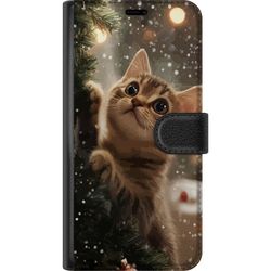 Kompatibelt Lommeboketui til Samsung Galaxy A16 5G Katt som klatrer i juletre med snøfall koselig vinterdesign perfekt for katt og juleelskere