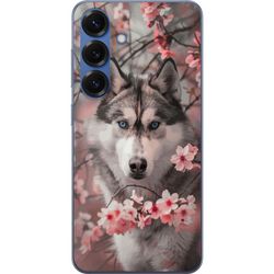 Kompatibelt Mobildeksel til Samsung Galaxy S25+ Sibirsk Husky plakat hund blå øyne kirsebærblomster ulv natur dyr blomster søt retro design