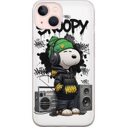 Kompatibel Mobilcover til Apple iPhone 13 mini Snoopy i streetwear med hovedtelefoner og graffiti-stil står ved siden af en boombox og smiler stort,