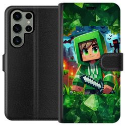 Kompatibelt Lommeboketui til Samsung Galaxy S23 Ultra Minecraft gamer gutt grønn hettegenser - tegnet Minecraft gutt med sverd, piksler og eventyrtem