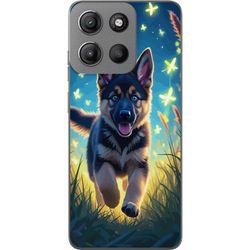 Kompatibelt Mobildeksel til Motorola Moto G15 Valp tysk schäferhund plakat hund valp vår eng sommerfugler søte dyreillustrasjon natt kunst