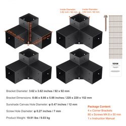 Pergola Fästbeslagsats, 3-vägs kraftigt hörnbeslag, 10,2x10,2x15,2 cm, Svart, Stål