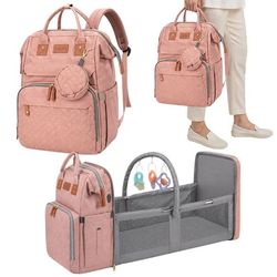 Pusletaske/rygsæk med udklappelig babyseng USB rosa polyester