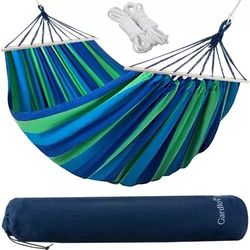 Dobbelt-hængekøje med trækryds 150 kg 260x160 cm blå/grøn