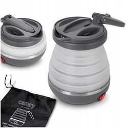 Hopfällbar resevattenkokare, 0,6 L, 750 W, med silikonhölje och bärfodral.