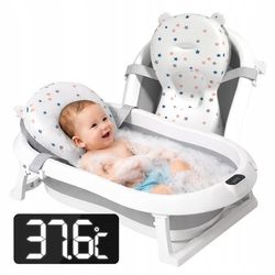Sammenklappeligt babybadekar til babyer med LCD-termometer og pude