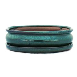 bonsai skål med fat storlek 3 - grön - oval - modell o47 - l 19cm - b 13,5cm - h 5cm