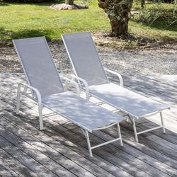 Solstolar SARDINIA 2-pack - grå textilene - vit stålram - L 193 l 61 H 86 cm