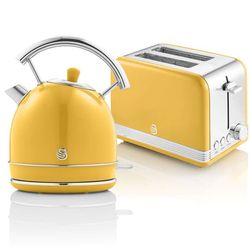 Retro Set Frukost Kettle 1,8L Trådlös, Brödrost 2 Bred Skivor SWAN STP7050YELNEU 850W Gul