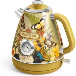Vintage elektrisk vattenkokare Hazel Quinn 1,7 L - Rostfritt stål 304 gul, termometer, 2200W, BPA-fri, trådlös, 360° bas