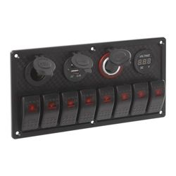 LED afbryderpanel - 8-gangs - DC 12–24V - USB 3,1A - IP65 vandtæt - 15A sikring - Til båd, lastbil, autocamper - Sort/Rød