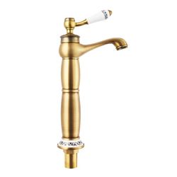 Vintage köks- och badrumskran - Tvättställsblandare - Antik mässing - Varm/kall vattenmixer - Pip 22,5 cm hög - Keramisk insats - Guld