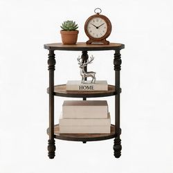 Runt Sidobord - Nattduksbord - Tre Hyllplan Öppna - Trästomme - Höjd 60 cm - Modern Marockansk Stil - Flerfärgad