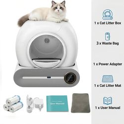 Smart Kattebakke - Selvrensende Kattebakkesæt - 65 l - WiFi/App-fjernbetjening - Halvlukket - Klemsikring - Med Kattegrusmåtte og Affaldsposer