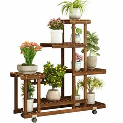 Blomsterhylde i træ - Planteholder på hjul - 5 niveauer - Fyrretræ - 95 x 26 x 96 cm - Indendørs/udendørs - Natur
