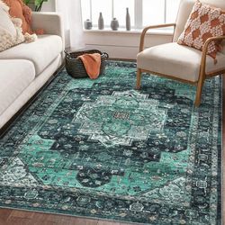 Vintage vardagsrumsmatta - Maskintvättbar matta - 120 x 170 cm - Halkfri - Kort lugg - Fläckavvisande - Turkos