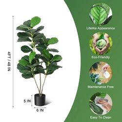 Kunstig violinfigen - Realistisk gulvplante - 122 cm højt plasttræ - Tætte grønne blade - Sort potte - Indendørs dekoration