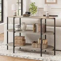 Smalt konsolbord - 3-etagers sidebord - Metalramme - Spånplade - Med opbevaring - 120 x 34 x 76 cm - Lysegrå