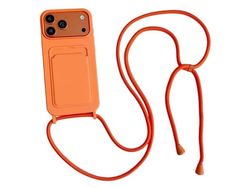 iPhone 17 Pro / 18 Pro Silicone Case with Card Pocket and Crossbody Strap - Orange