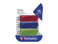 Verbatim Slider - USB-flashstasjon - 16 GB - USB 2.0 - blå, rød, grønn (en pakke 3)