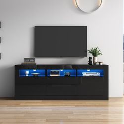 WELLTIN Sort Højglans TV-bord, 160 cm Moderne TV-konsol med 2 Døre og Skuffer, Smart App-styret TV-skab til 70 Tommer TV i Stuen
