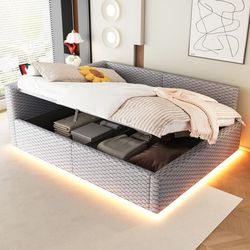 WELLTIN Grå Sammet Klädd Säng 140x200, Hydraulisk Förvaringssängram med LED-lampor, USB-portar & L-formad Ryggstöd för Sovrum