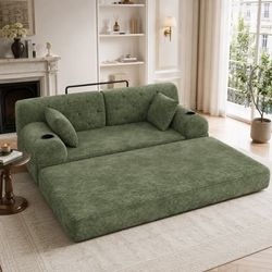 WELLTIN Grøn fløjlssovesofa, kompakt 2-personers sovesofa, fold-ud sofa med høj ryglæn og kopholdere til stue og små rum