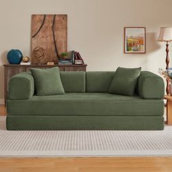 WELLTIN Grøn konvertibel sovesofa, 3-personers fløjlsgulvsofa, foldbar sovesofa med to puder til stuer og små lejligheder
