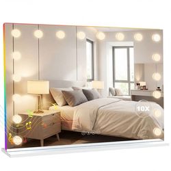 WELLTIN Hollywood Vanity Spejl med 18 LED-pærer, Dæmpbart Stort Belyst Makeupspejl 80x60 cm, Bluetooth-højttaler & RGB-lys til Soveværelset
