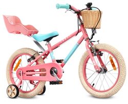 Sun Baby Børnecykel 16 tommer LOVEL, Cykel til børn - Pige 4-6 år, maks. 50 kg – dukkevogn, støttehjul, kurv, ringklokke, kædeskærm – Rosa-Mintgrøn