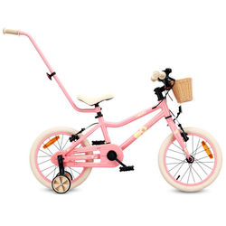 Sun Baby Børnecykel 16 tommer LOOFI, Cykel til børn – Pige 4-6 år, maks. 50 kg – let aluminiumsstel, med støttehjul, kurv, ringklokke, klistermærker – Lyserød