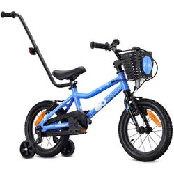 Sun Baby Børnecykel 14 Tommer LOOFI, Cykel til børn - Dreng 3-5 År, Max 50 kg - let 6,6 kg, aluminiumsramme, med støttehjul, kurv, ringeklokke, klistermærker - Blå