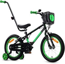 Sun Baby Børnecykel 16 Tommer LOVEL, Cykel til børn – Dreng 4-6 år, maks. 50 kg – støttehjul, kurv, ringklokke, kædeskærm, håndtag – Sort-Grøn