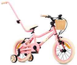 Sun Baby Børnecykel 14 Tommer LOOFI, Cykel til børn - Pige 3-5 År, Max 50 kg - let 6,6 kg, aluminiumsramme, med støttehjul, kurv, ringeklokke, klistermærker - Rosa