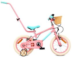 Sun Baby Børnecykel 14 Tommer LOVEL, Cykel til børn - Pige 3-5 År, Max 50 kg - støttehjul, kurv, ringeklokke, kædeskærm, håndtag - Rosa-Mintgrøn
