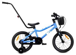 Sun Baby Børnecykel 16 Tommer LOOFI, Cykel til børn - Dreng 4-6 År, Max 50 kg - Let 6,9 kg aluminiumsramme, med støttehjul, kurv, ringeklokke, klistermærker - Blå