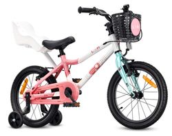 Sun Baby Børnecykel 16 Tommer LOOFI, Cykel til børn - Pige 4-6 År, Maks 50 kg - let 6,9 kg aluminiumsramme, med dukkesæde, støttehjul, kurv, ringeklokke, klistermærker - Hvid-Rosa-Mint