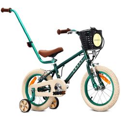 Sun Baby Børnecykel 14 Tommer LOVEL, Cykel til børn – Dreng 3-5 år, maks. 50 kg – støttehjul, kurv, ringklokke, kædeskærm, håndtag – Mørkegrøn