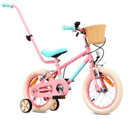 Sun Baby Børnecykel 14 Tommer LOVEL, Cykel til børn - Pige 3-5 År, Max 50 kg - støttehjul, kurv, ringeklokke, kædeskærm, håndtag - Rosa-Mintgrøn