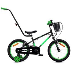 Sun Baby Børnecykel 16 Tommer LOVEL, Cykel til børn – Dreng 4-6 år, maks. 50 kg – støttehjul, kurv, ringklokke, kædeskærm, håndtag – Sort-Grøn