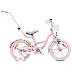 sun baby FLOWER BIKE Børnecykel 16 tommer - kurv, justerbar sadel og styr, ringklokke, støttehjul, skærme - Lyserød