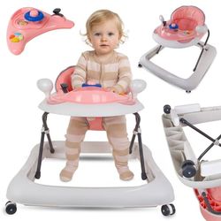 Interaktiv babywalker til læring af gang, højdejustering, rat, stoppeklodser, lyserød og grå, Sun Baby