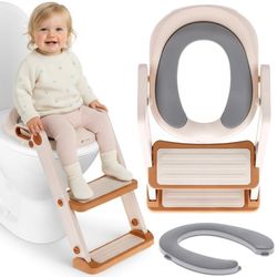 sun baby Toiletbræt til børn med stige - 18–36 måneder, op til 15 kg – skridsikker, med håndtag, 3-trins justering (51–58 cm), 2-trins stige, Toilettræner, Børnetoiletbræt – Hvid-guld