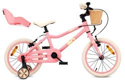 Sun Baby Børnecykel 14 Tommer LOOFI, Cykel til børn - Pige 3-5 År, Max 50 kg - let 6,6 kg, aluminiumsramme, med dukkesæde, støttehjul, kurv, ringeklokke, klistermærker - Rosa